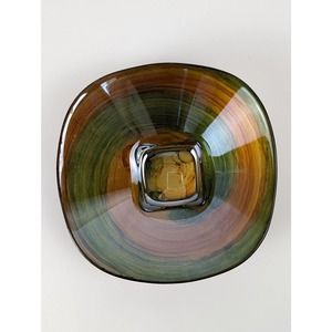 Gold Orange and Green Glass Dish Bowl Gold Gilt Backing Swirl Art